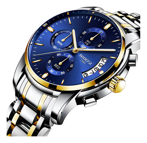 Relojes Nibosi Metallic Chronograph para hombre, cuarzo 2353, color de fondo plateado, dorado y azul