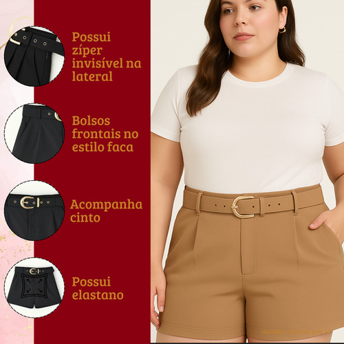 Short Plus Size Alfaiataria Premium Com Cinto Várias Cores