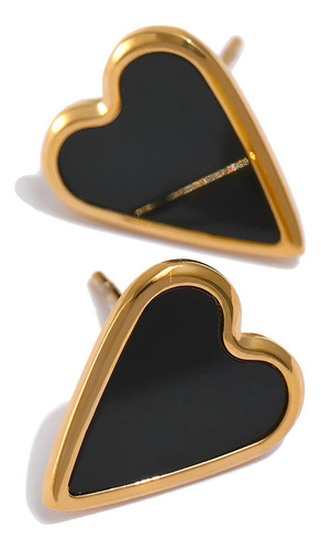 Aros Zarcillos Corazón Negro Acero Inoxidable Bañado En Oro