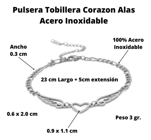 Imagen 2 de 7 de Tobillera Pulsera Mujer Corazón Alas Acero Plata Amor Trendy