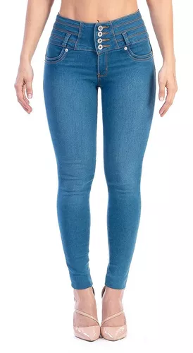 Jeans Dama Corte Colombiano Mezclilla Stretch Azul