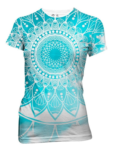 Playera Full Print Dama Azul Y Blanca Mándala Turquesa 811