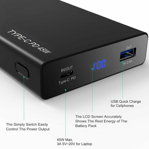 Imagen 4 de 10 de Power Bank Carga Rapida Tipo C 20000 Mah Reales Qc 3.0 45 W