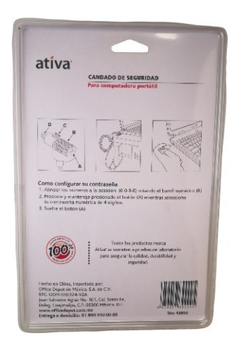 Imagen 3 de 3 de Candado De Seguridad Para Laptop De Combinacion Marca Ativa