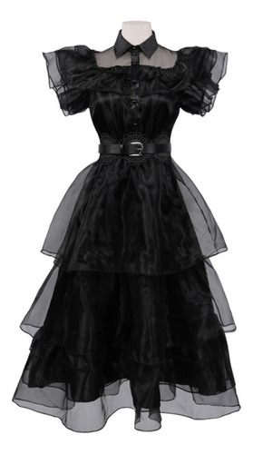 Vestido Negro Niña Adulto Halloween Cosplay Merlina Adams 1