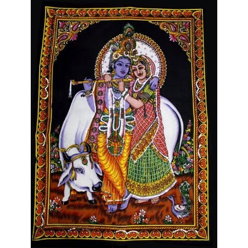 Pintura De Krishna Radha Arte Miniatura Hindú Religios...