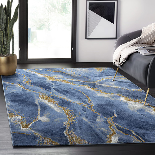 Alfombra Contemporánea Azul Dorada Estampado De Mármol 160x2