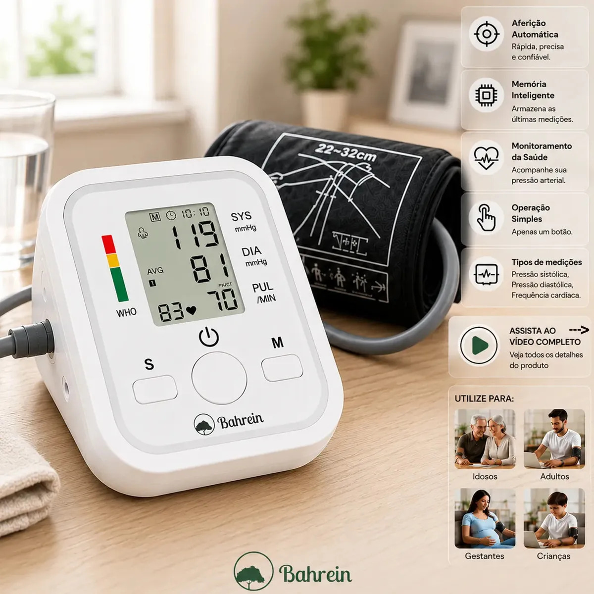 Aparelho Medidor de pressão digital doméstico para uso residencial Pressão Arterial Braço Bracadeira Pulso Manguito - Aparelho Medir pressao aferidor Ajustável P/ Adultos ou Crianças - Marca Bahrein