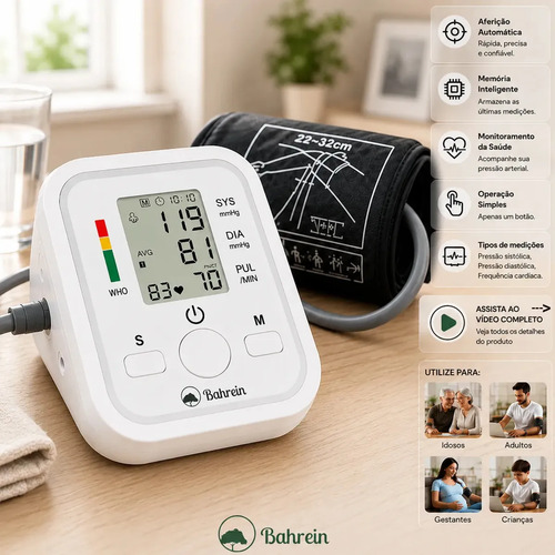 Aparelho Medidor de pressão digital doméstico para uso residencial Pressão Arterial Braço Bracadeira Pulso Manguito - Aparelho Medir pressao aferidor Ajustável P/ Adultos ou Crianças - Marca Bahrein