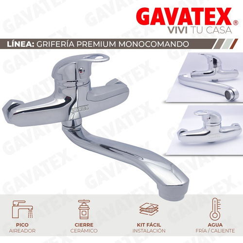 Imagen 10 de 10 de Grifería Monocomando Pico Largo Cocina Lavadero Pared Gx