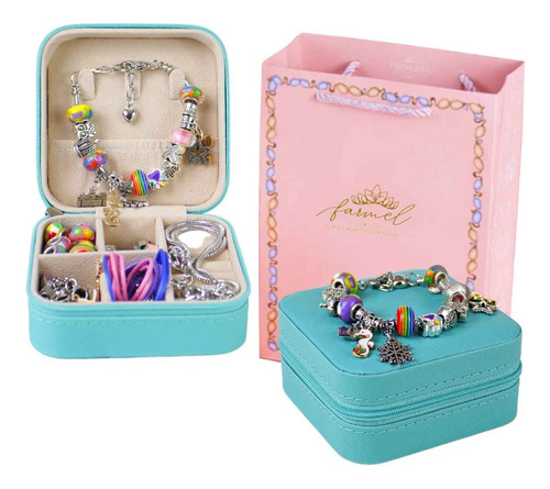 Kit Pulseira Linda E Delicada Com Porta Joias Infantil 66pçs Cor Verde Tiffany