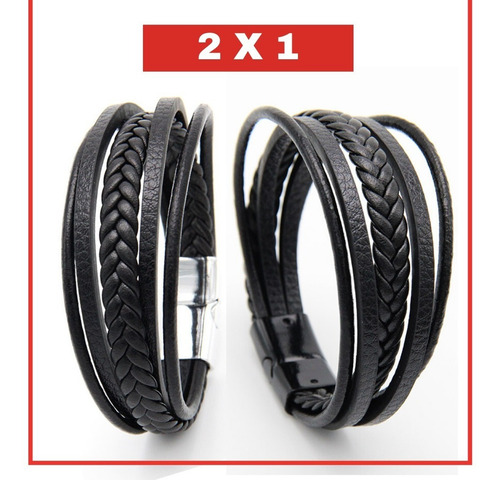 2x1 Promoción, Pulsera De Hombre Cuero Genuino Premium Negro