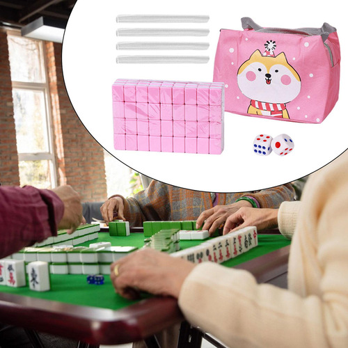 Juego De Mahjong De Viaje Portátil Con Regla, 2 Dados, Rosa