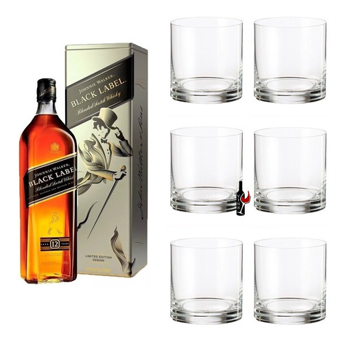 6 Vasos Cristal Bohemia 410ml + Whisky Johnny Walker Black