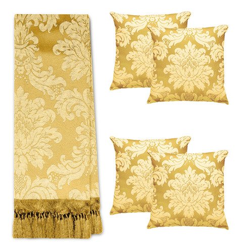 Kit Manta Xale De Sofá 1,40 X 1,80 Com 4 Almofadas Cheias Cor 02 Dourado E Off White Desenho Jacquard
