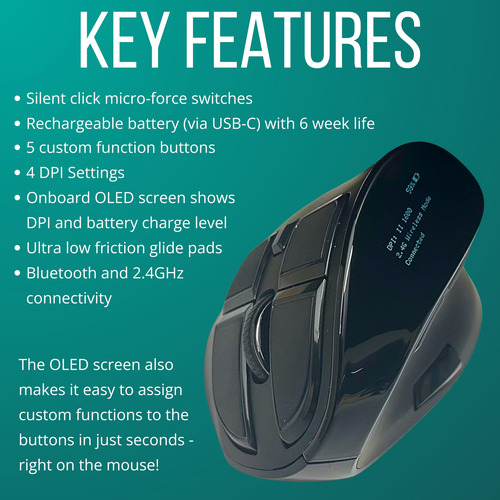Mouse Vertical Inalámbrico Ergonómico Recargable Con Pantall
