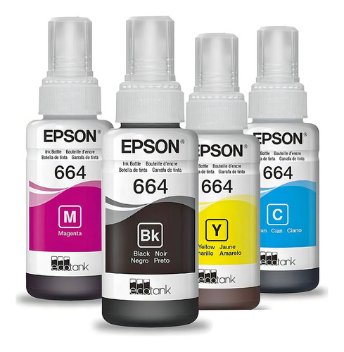 Tinta de impresora Epson 664 negra, cian, amarilla y magenta, 280 ml, 4 unidades