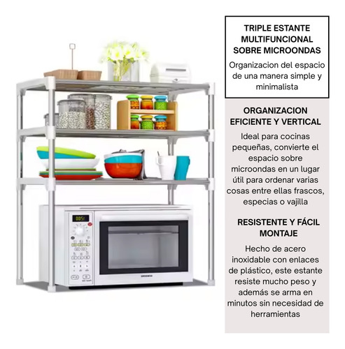 Organizador Rack Cocina Sobre Microondas Mesada 3 Estantes Plateado