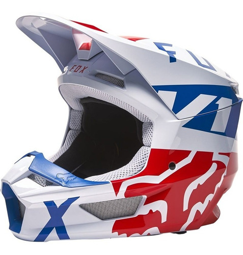 Casco Motocross Fox V1 Skew Rojo Blanco Azul - Motox Lanus