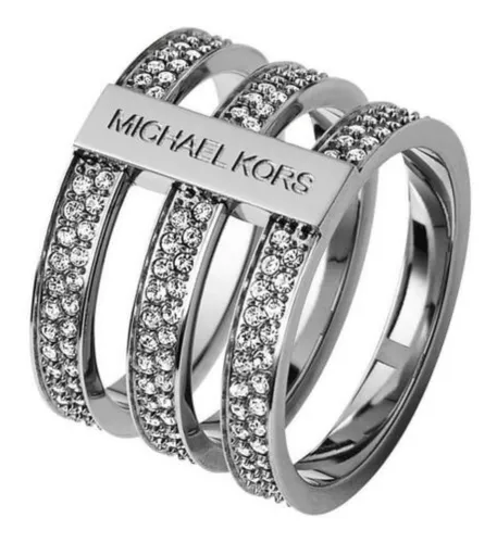 Anillo Plateado Michael Kors 3 Tiras Con Pedreria Talla 8