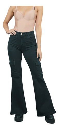 Mohicano Jeans Modelo 3293 Flare Cargo Negro Tiro Alto 