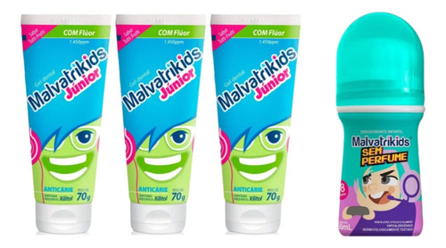 Kit 3 Gel Dental Infantil Júnior + Desodorante Malvatrikids 