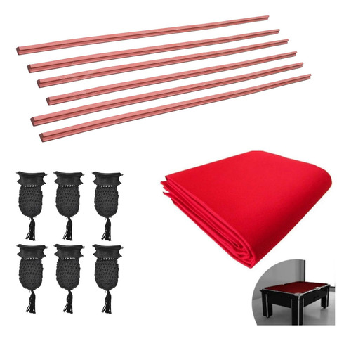Tecido Vermelho + Borracha + Caçapa Preta P/ Mesa De Sinuca