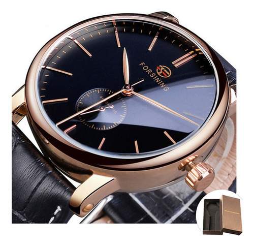 Reloj mecánico automático de cuero Forsining F142, color de fondo dorado rosa/negro