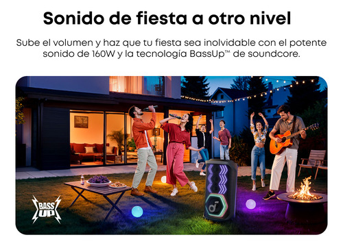 Bocina Bluetooth Soundcore Rave 3S 160 w Con Karaoke 2 Micrófonos Eliminación de Voz Ai Reverb Luces Led y 12h Batería Portátil Para Casa O Jardín Color Negro