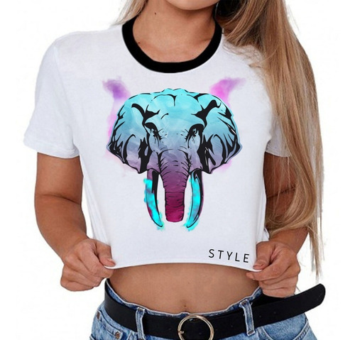 Playera Crop Top Mujer Elefante Acurela Colores/moda Casual