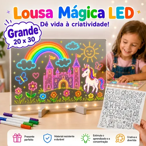 Lousa de acrílico iluminada com desenhos em neon