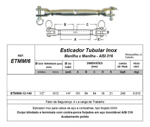 Kit 40 Un. Esticador Tubular Terminal 1/2 M12 240kg Inox