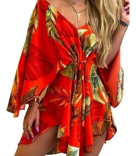 Mini Vestido De Playa Floral Irregular Hawaiano Para Mujer