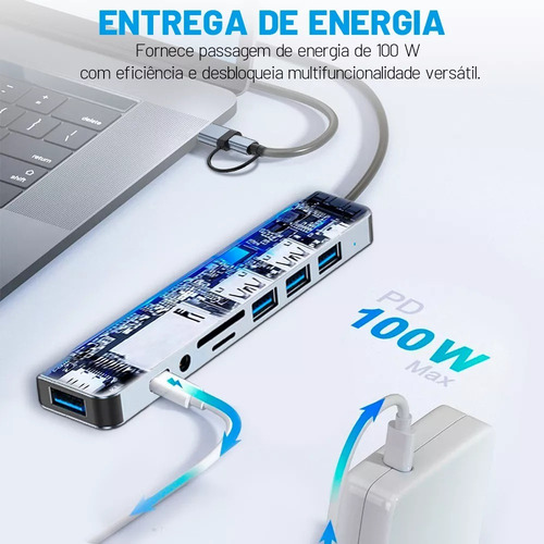 Adaptador Hub Usb E Tipo C Extensor 8 Em 1 Com Leitor Cartão