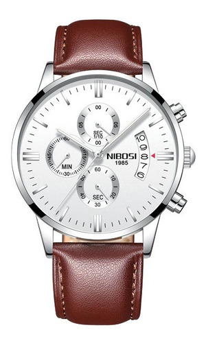 Relógio de pulso Nibosi NI2309 com corria de couro cor marrom - fondo branco - bisel prateado