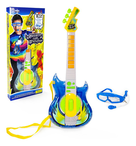 Guitarra Infantil Brinquedo E Microfone Conecta Celular Mega Compras Cor Azul