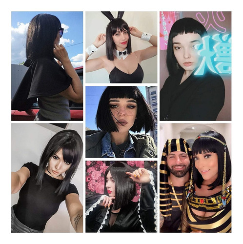 2025 Peruca Preta Curta Com Franja Para Festa De Cosplay