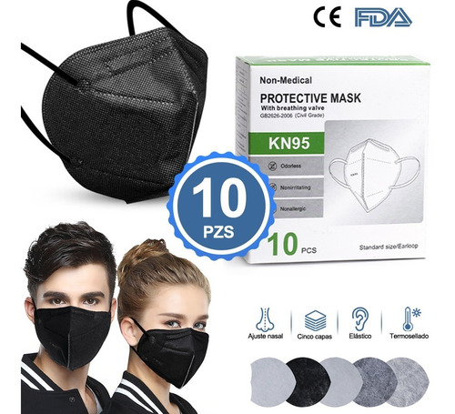 Tapabocas Negros Kn95 Mascarillas Certificada 5 Capas 10pcs