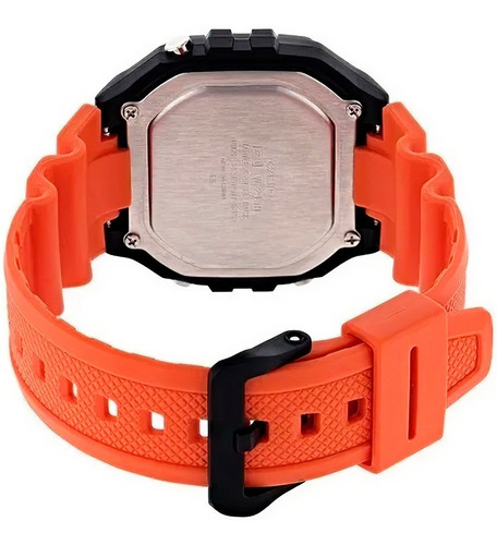 Reloj de pulsera Casio Youth W-218H de cuerpo color negro, digital, para hombre, fondo gris, con correa de resina color naranja, dial negro, minutero/segundero negro, bisel color negro, luz ámbar y hebilla simple