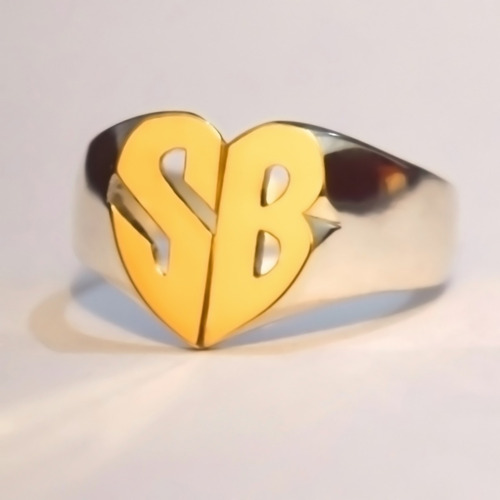 Anillo Sello Iniciales En Plata 925 Y Oro 18k - Corazón