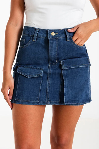 Mini Jean Mujer Cargo Pollera Corta Bolsillos Rigida