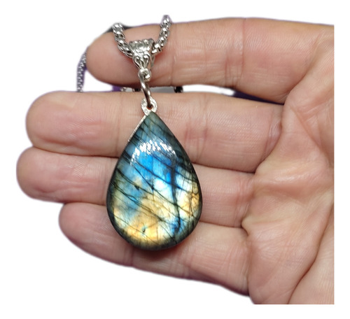 Labradorita Azul/naranja Forma De Gota , 4 Cms Alto Azul
