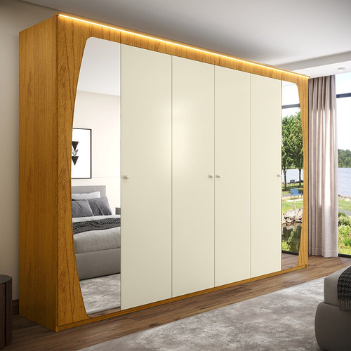 Guarda Roupa Casal Com Espelho E Led 6 Portas 6 Ca