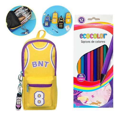 Kit Escolar Cartuchera Deportiva Y 12 Lapices De Colores 