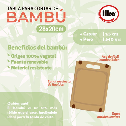 Imagen 3 de 6 de Tabla De Cocina Para Picar Ilko Bambú 28x20 Cm
