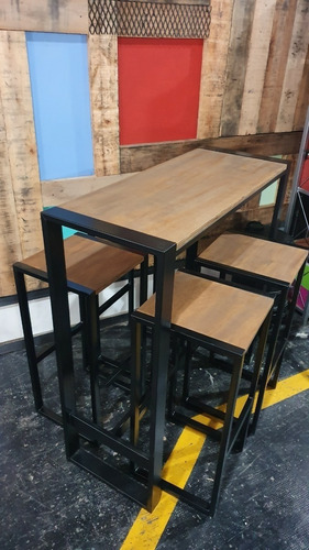 Mesa Barra Desayunadora Hierro Y Madera 100x40 + 4 Taburetes