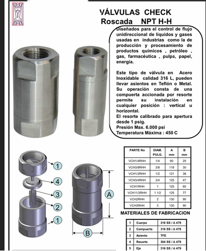 Valvula Check 1 Inox 6000 Libras Roscada