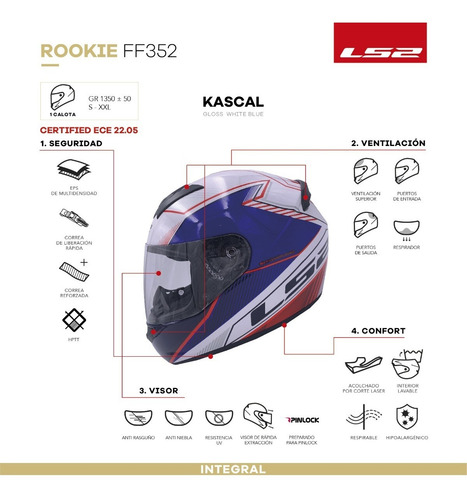 Imagen 8 de 9 de Casco Moto Integral Ls2 352 Kascal Blanco Azul Modelo 2021