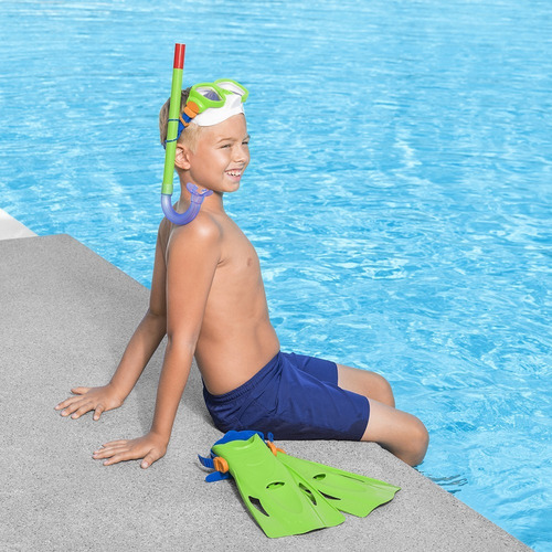 Juego De Snorkel Buceo Infantil 7 Años Gafas Tubo Y Aletas Color Verde