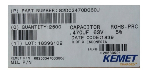 Kemet Condensador R82dc3470aa60j, Poliéster 0.470f 63v